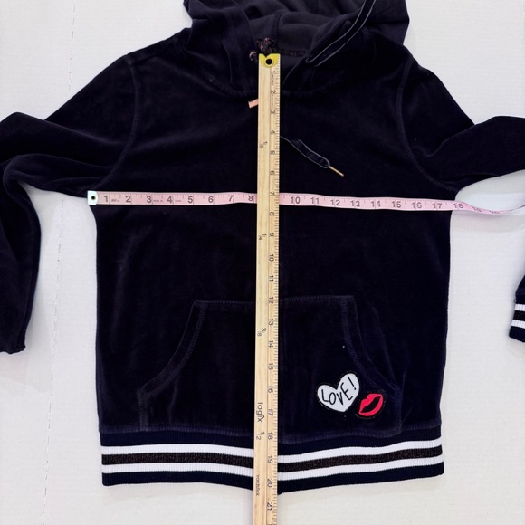 Betsey Johnson Navy Velour Full Zip Hoodie Jacket Vtg Y2K Stripe Patches - Picture 7 of 7